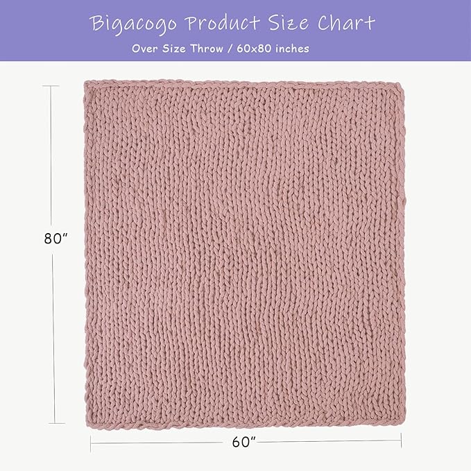 Bigacogo Chunky Knit Throw Blanket for Couch, 60x80 inches, 100% Hand Knitted with Thick Jumbo Chenille Yarn, Cozy Soft Large Rope Knot Cable Crochet Blankets for Sofa Bed Living Room, Dusty Pink-Ruum Studio Home