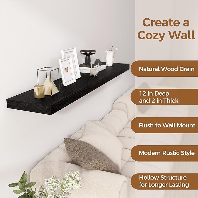 Black Floating Shelves 55 Inch Long, 12 Inch Deep Floating Shelves for Wall, 55 x 9 Large Floating Shelf for Fireplace Mantel, 2" Thicked Wall Shelves for Living Room, Bedroom Storage, 1 Pack-Ruum Studio Home