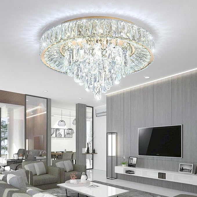 Modern Crystal Chandeliers for Dining Room LED Light Fixture Close to Ceiling Chandelier Flush Mount Ceiling Light Dimmable Lamp with Remote for Living Room Bedroom Hallway-Ruum Studio Home