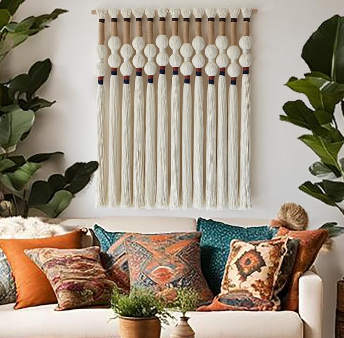 Macrame Wall Hanging Boho Wall Art Handmade Spherical Knot Design with Tassel Fringe, Boho Decor for Bedroom Living Room, for Home Decoration 27" W x 33" L-Ruum Studio Home