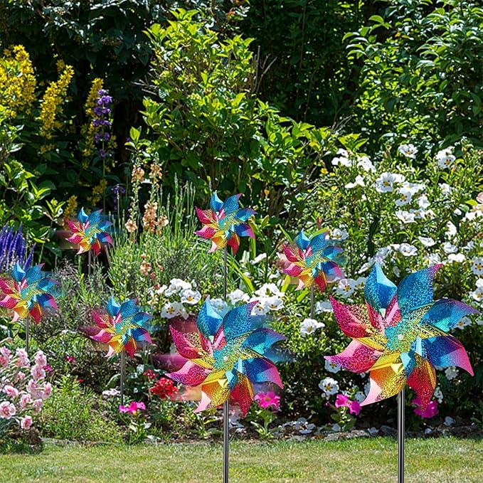 Hausse 10 Pack Reflective Pinwheels Wind Spinner, Extra Sparkly Rainbow Pinwheel with Stakes, Bird Repellent Blinder Devices Deterrent to Scare Birds Away from Yard Patio Farm Garden, Colorful-Ruum Studio Home