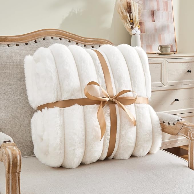 BEDELITE Faux Fur Throw Blanket for Couch, Soft and Cozy Luxurious 3D Striped Fluffy Blanket, 770GSM Thick Warm Plush Fuzzy Faux Rabbit Fur Blanket for Women Gift (Cream, 60"x 80")-Ruum Studio Home