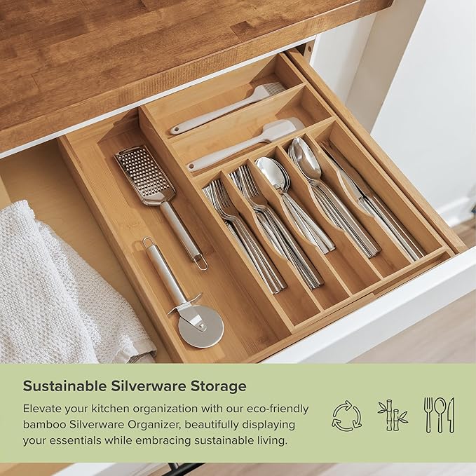 Premium Silverware, Flatware and Utensil Organizer for Kitchen Drawers, Food-Safe Contract Grade, Expandable from 10.5 to 19 In, Natural Bamboo-Ruum Studio Home