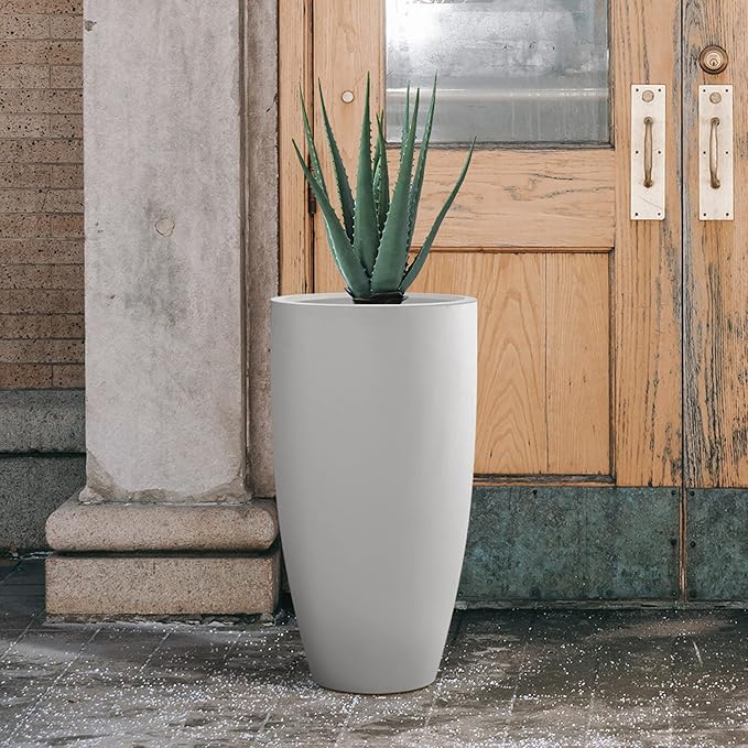 Kante 23.6" H Pure White Finish Concrete Tall Planters Large Outdoor Indoor Decorative Plant Pots with Drainage Hole and Rubber Plug, Modern Tapered Style for Home and Garden-Ruum Studio Home