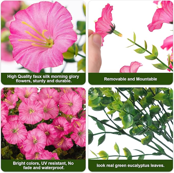 Artificial Flowers for Outdoors Fake Plants Outside Decoration, 12 Bundles Silk Pink Morning Glory with Eucalyptus UV Resistant Look Real Faux Flowers for Planter Front Door Yard Gardens Home-Ruum Studio Home