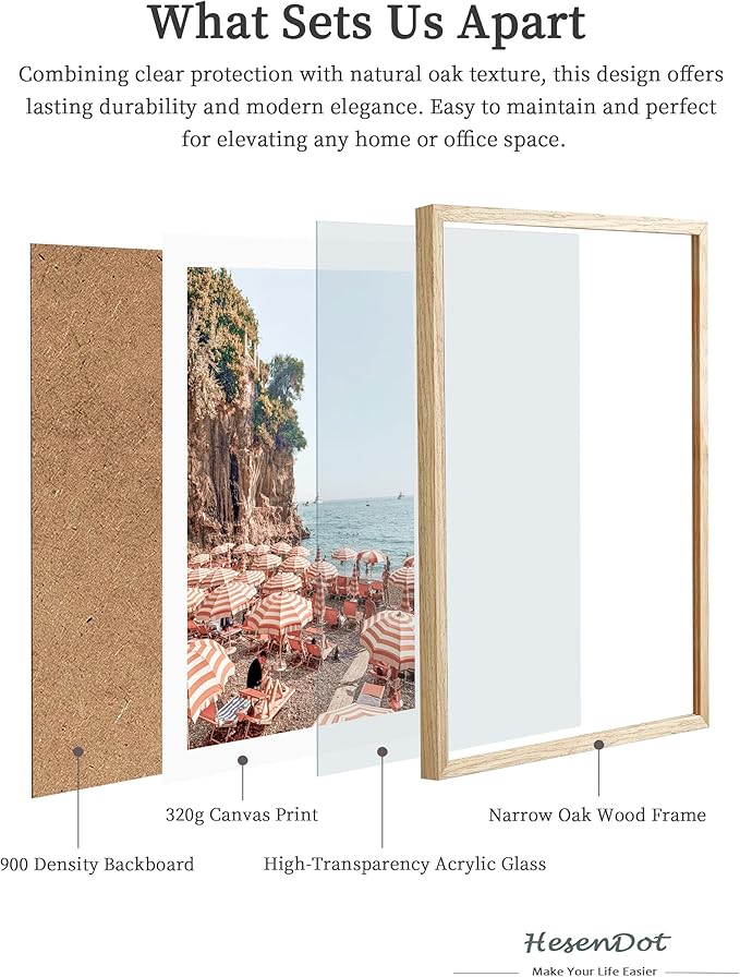 HesenDot Natural OAK Wood Framed Summer in Positano Wall Art,12x16in Italy Amalfi Coastal Canvas Wall Print,Arienzo Beach Umbrellas Poster Wall Decor for Living Room,Bedroom,Office Gallery Set of 1-Ruum Studio Home
