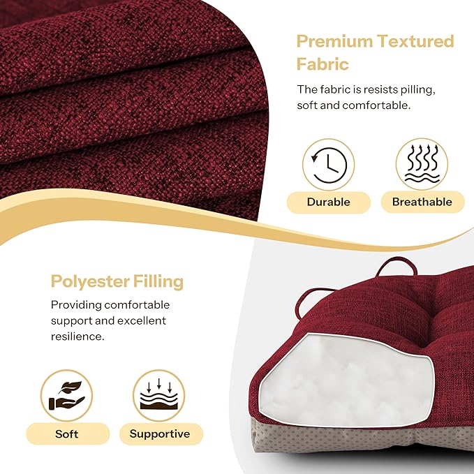 Non Slip Chair Cushions for Dining Chairs Set of 4 Kitchen Chair Cushions 18"x18"x3" Turfted Chair Pads Comfortable and Soft Seat Cushion with Ties, Burgundy-Ruum Studio Home