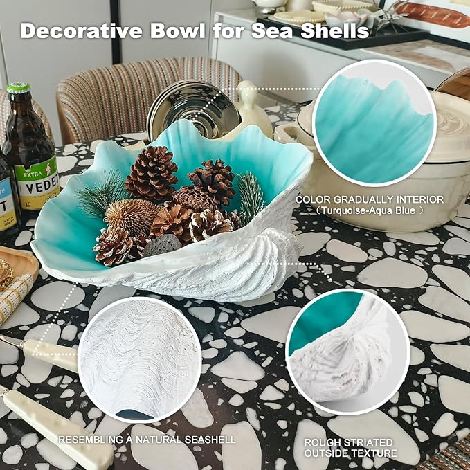 Extra Large Clam Shells Decorative Bowl-Turquoise Sea Shells Decorative Storage Bowls for Coastal Beach theme house table centerpiece decorations & Nautical decorations for coffee table -12.4"-1PC-Ruum Studio Home