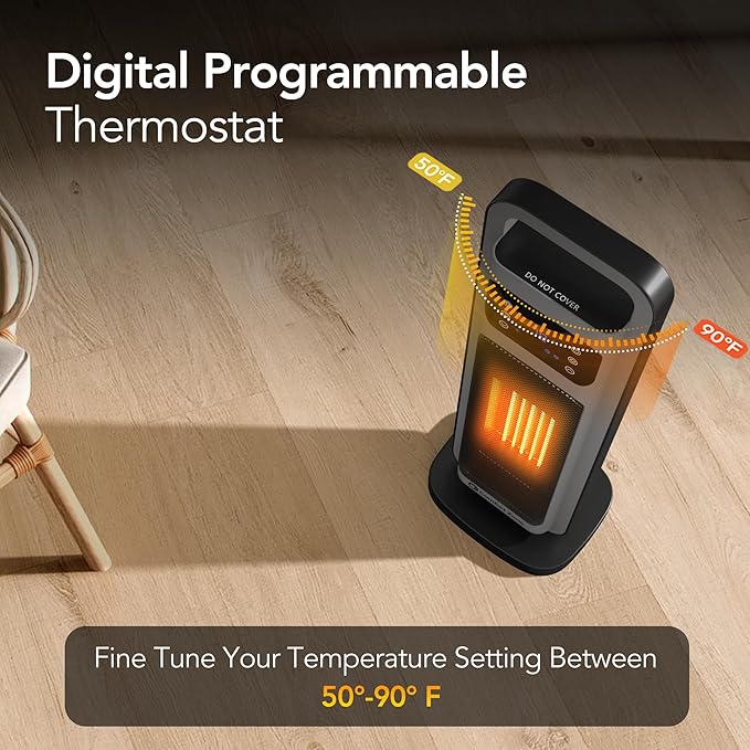 Comfort Zone Oscillating Digital Tower Heater with Remote Control for Indoor Use, Adjustable Thermostat, Timer, Overheat Protection, Tip-Over Switch, Ideal for Home, Bedroom, & Office, HT1206-GRY-Ruum Studio Home