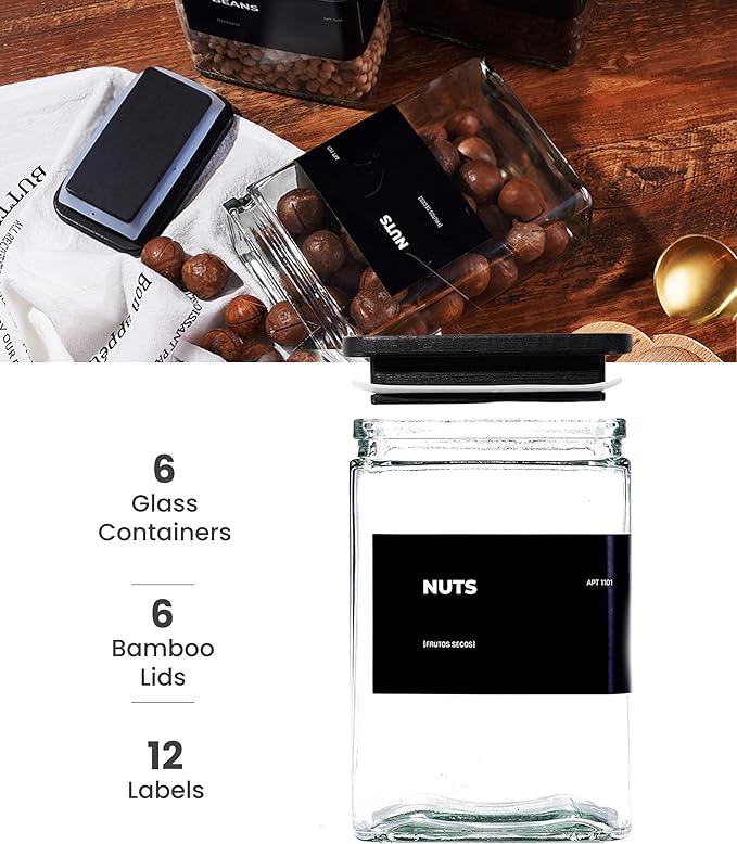27 oz Glass Storage Jars with Bamboo Lid, set of 6, glass canisters with airtight lids, Clear jars with lids for Cookie, Candy, Tea, Coffee Bean and Rice, Black-Ruum Studio Home