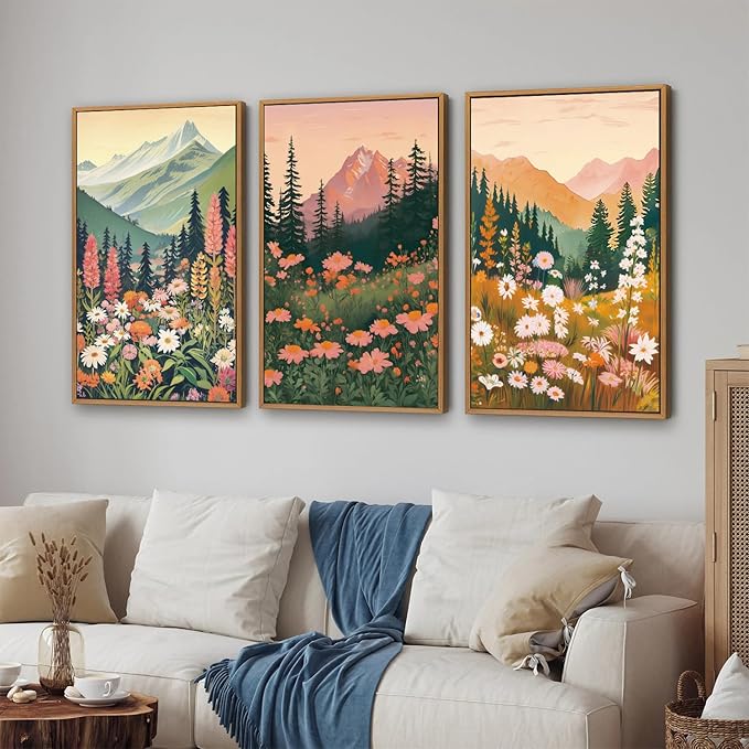 Tinonedraw Mountain Wildflower Framed Canvas Wall Art Set, Boho Mountains Landscape Wall Decor, Modern Floral Forest Scenery Artwork, Neutral Nature Art Prints for Living Room Bedroom Office 24"x36"x3-Ruum Studio Home
