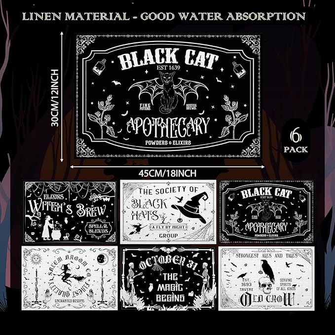 Umigy 6 Pcs Halloween Placemats 12"x18" Gothic Bat Placemats Kitchen Decoration Washable Witch Place Mats Rectangle Skull Table Mats for Halloween Dining Table Accessories(Black White Character Style)-Ruum Studio Home