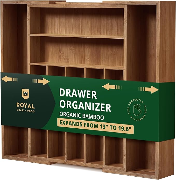 ROYAL CRAFT WOOD Luxury Bamboo Kitchen Drawer Organizer - Silverware Organizer - Utensil Holder and Cutlery Tray with Grooved Drawer Dividers for Flatware and Kitchen Utensils (9 Slot, Brown Bamboo)-Ruum Studio Home