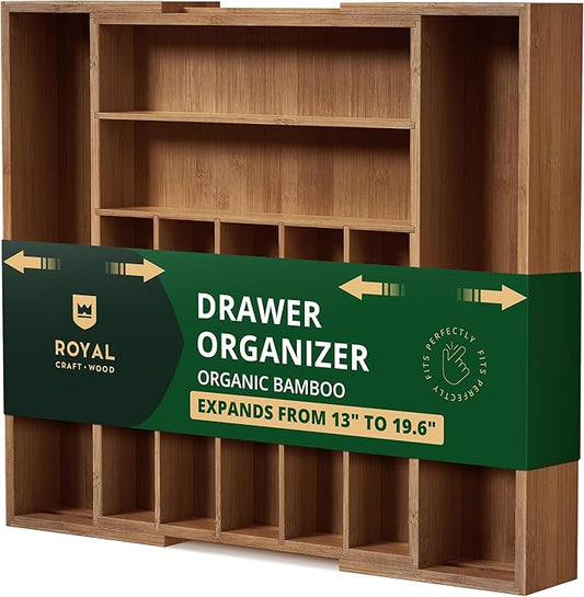 ROYAL CRAFT WOOD Luxury Bamboo Kitchen Drawer Organizer - Silverware Organizer - Utensil Holder and Cutlery Tray with Grooved Drawer Dividers for Flatware and Kitchen Utensils (9 Slot, Brown Bamboo)-Ruum Studio Home