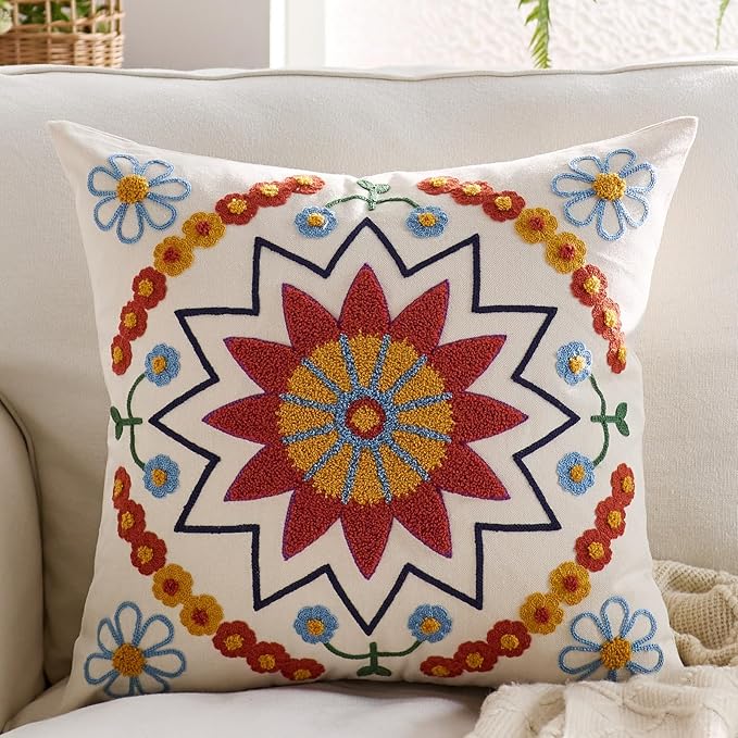 Embroidered Throw Pillow Cover 20x20 Classic Fall Boho Floral Pattern Pillows Cover Outdoor Decorative Pillowcase,Durable Cozy Textured Cushion Case for Sofa Couch Bed Living Room,Orange-Ruum Studio Home