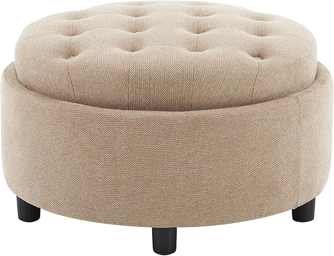 COLAMY Fabric Round Storage Ottoman with Reversible Tray Lid – Multi-Functional Footrest, Hidden Storage, Sturdy & Stylish Small Coffee Table for Living Room, Bedroom, or Entryway(Camel)-Ruum Studio Home
