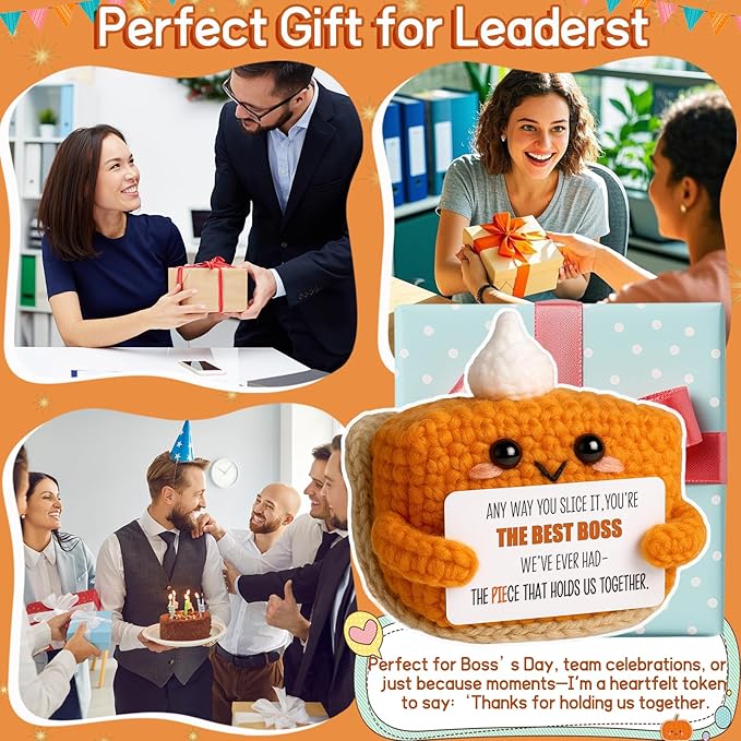 Crochet Pumpkin Pie Gift Idea for Boss – Funny Handmade Appreciation Plush with card “Best Boss” – Farewell Gifts for Women Men, Office Desk Decor, Mini Thank You Token for Manager, Supervisor, Leader-Ruum Studio Home
