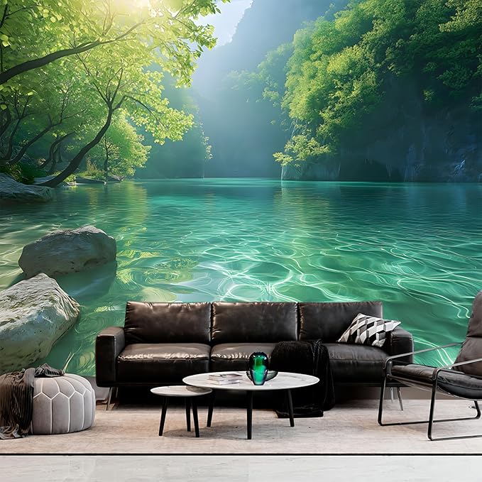 BSFHH Nature Tapestry Forest Tree Sea Cave Wall Hanging, Stream Through Rainforest Landscape Wall Art Tapestry for Bedroom Living room (Lake View, 110" × 87", Unframed)-Ruum Studio Home