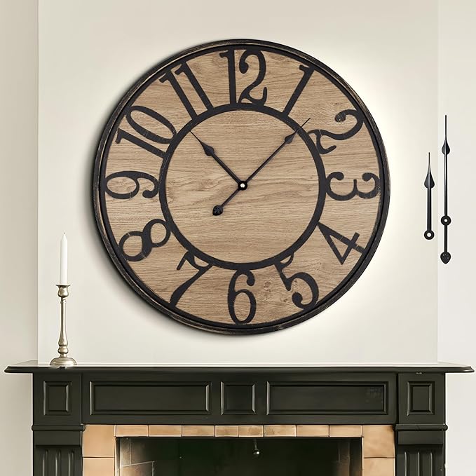 Large Wall Clock for Living Room Decor, Non Ticking Silent, Battery Operated Modern Vintage Wood Oversized Decorative Wall Clock for Bedroom Kitchen Farmhouse Office Decor-Ruum Studio Home