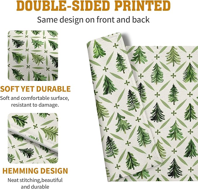 Sage Green Pine Tree Christmas Placemats Set of 4 Xmas Farmhouse Rustic Style Print Place Mat Seasonal Winter Holiday Linen Table Mats for Indoor Outdoor Kitchen Dining Party Decor-Ruum Studio Home