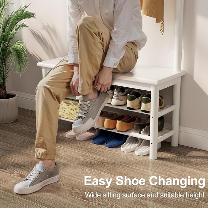 Coat Rack with Shoe Storage, Wooden Hall Tree with Bench, 11 Hooks and 2-Tier Storage Shelves, 3-in-1, Entryway Bench with Coat Rack (31.5"-White)-Ruum Studio Home