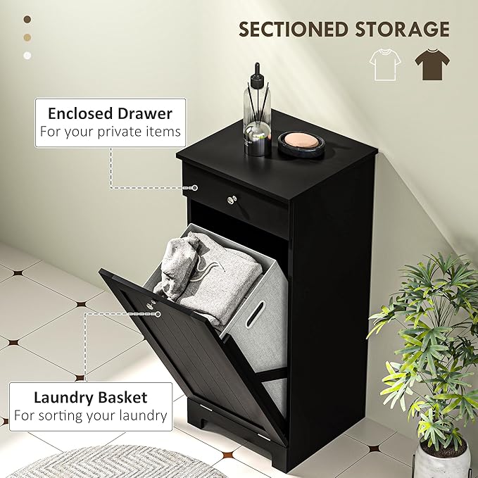 HOMCOM Laundry Hamper with Removable Basket, Tilt Out Hamper with Drawer and Beadboard Door, Bathroom Storage Cabinet, Black-Ruum Studio Home