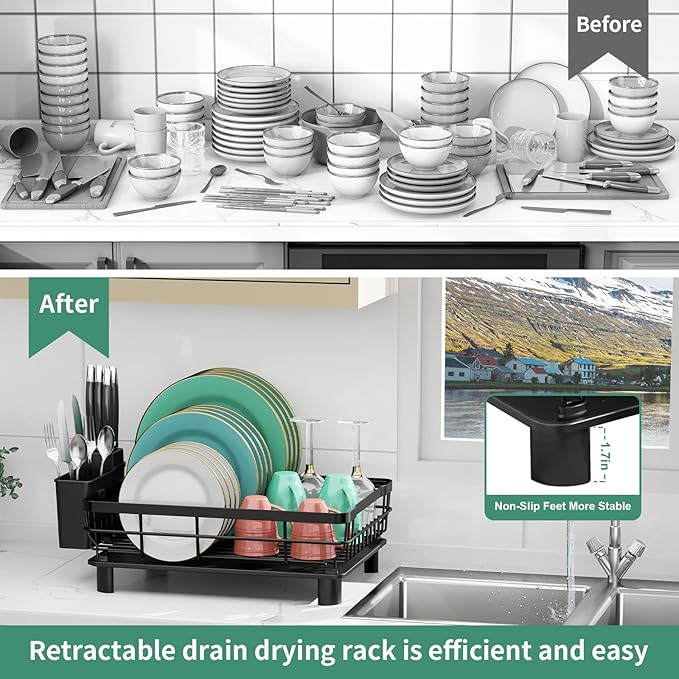 MOUKABAL Dish Drying Rack, Dish Rack, Stainless Steel Dish Racks for Kitchen Counter, Dish Drainer with Removable Utensil Holder, Drainboard (Black)-Ruum Studio Home