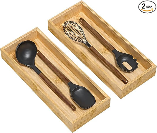 Bamboo Kitchen Drawer Organizer, Stackable Utensil Holder Silverware Organizer Cutlery Tray - 2PCS Organizer Bins for Makeup Jewelries Flatware in Bathroom, Office Desk, Cabinets, 15x6x2 inch-Ruum Studio Home