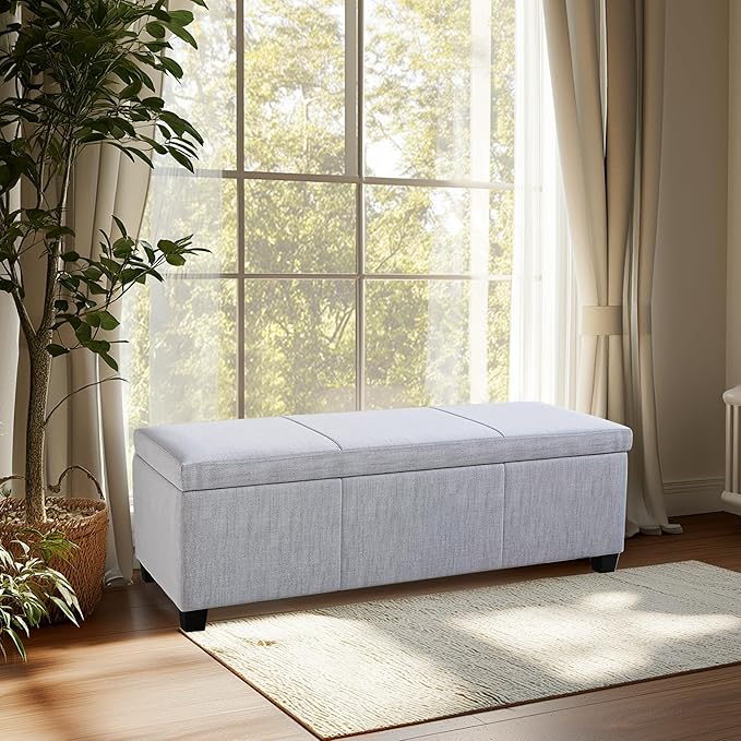 BELLEZE Storage Ottoman, 47 Inch Bench Bedroom Bench with Safety Close Hinge, Extra Long Ottoman with Storage for Living Room, Entryway, Hallway, Foot Rest, Support 300lbs - Gray-Ruum Studio Home