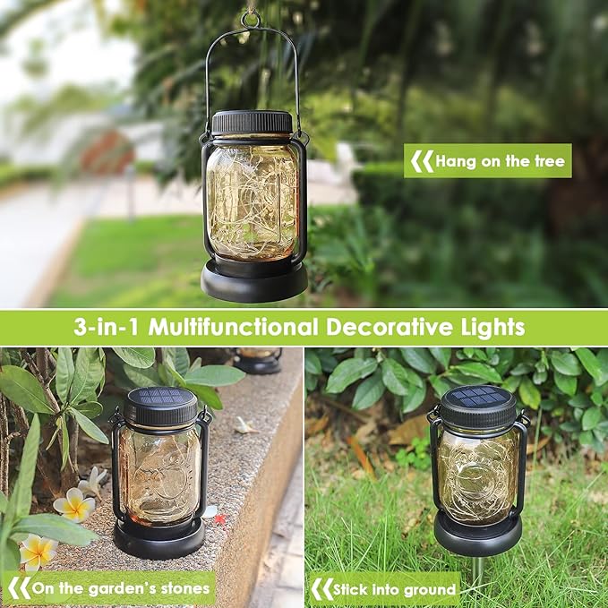 Mlambert 4 Pack Solar Hanging Lantern with Stakes, Outdoor Waterproof Solar Mason Jar Fairy String Lights Decorative Vintage Glass Lamp-Warm White-Ruum Studio Home