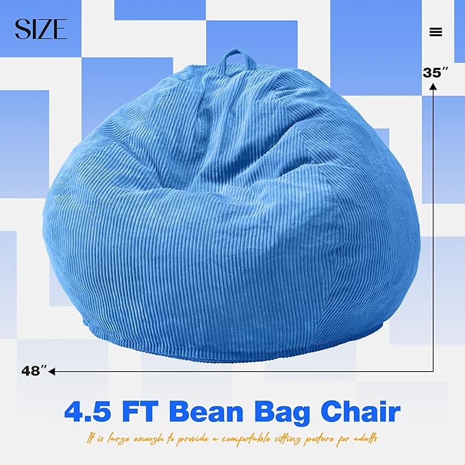 Hobestluk 4.5FT Bean Bag Chair Giant Bean Bag Chair with Filler Included Adult Bean Bag Chairs with Removable Cover for Bedroom Living Room (Jumbo, Blue)-Ruum Studio Home