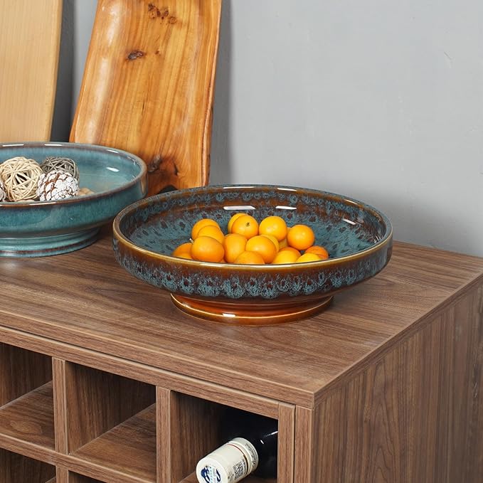 Ceramic Fruit Bowl for Kitchen Counter,Decorative Pedestal Bowl for Table Countertop,Large Footed Serving Bowl,10.2 Inch (peacock Green)-Ruum Studio Home