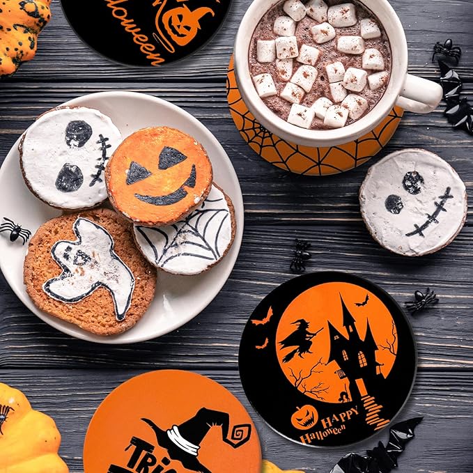 4Pcs Halloween Coasters Orange Black Round Ceramic Coaster Trick or Treat Heat-Resistant Cup Mats for Wooden Table Protection Home Party Supplies-Ruum Studio Home