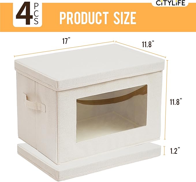 Citylife 4-Pack Storage Bins with Lids, Fabric Foldable Storage Bins with Soft Cord Handles, Cube Closet Storage Baskets with Lids, Organizers for Organizing Clothes and Books, Beige-Ruum Studio Home
