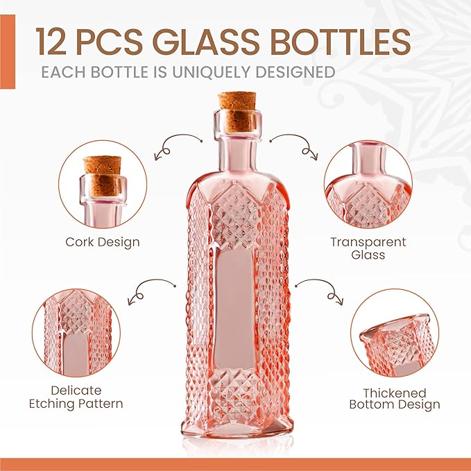 Small MIni Reddish Vintage Glass Bottles with Corks, MIni Vases, Decorative, Potion, Assorted Design Set of 12 pcs, 4.6 Inch Tall (11.43cm), 1.4 Inch Wide (3.56cm)-Ruum Studio Home