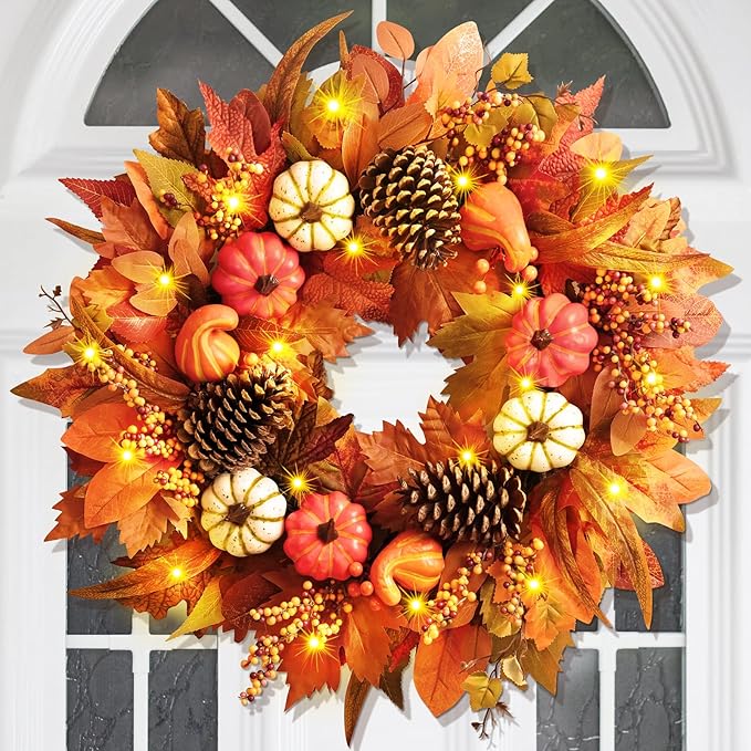 Fall Decor - Fall Wreaths for Front Door Outside, 20 Inch Fall Door Wreath, Handcrafted Autumn Wreath with Colorful Pumpkins Maple Leaves, Fall Decorations for Home Front Door Porch Thanksgiving Decor-Ruum Studio Home