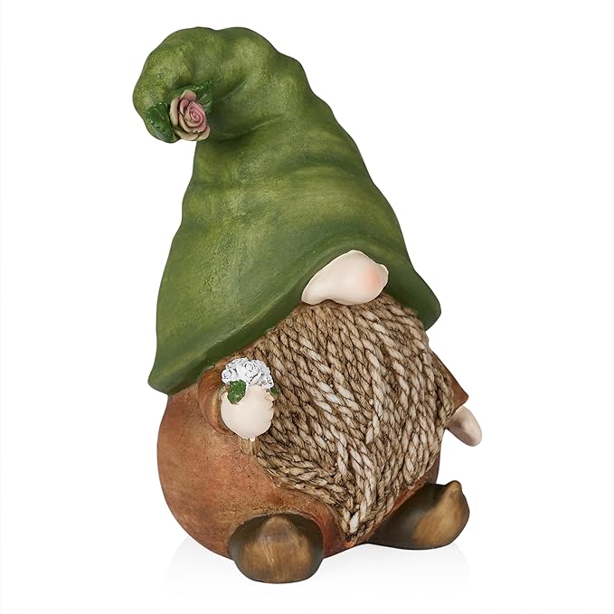 Alpine Corporation QWR1442 Outdoor Gnome with Green Hat Holding a Flower for Garden, Patio, and Lawn, 10" H, Multicolor-Ruum Studio Home