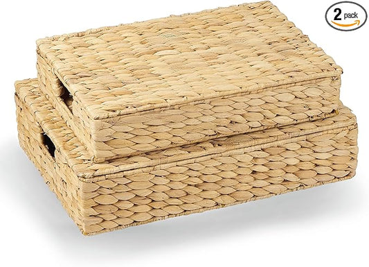 Set of 2 Wicker Baskets with Lid for Organizing - Decorative Storage Boxes With Lids for Home Decor, Shelves - Organic Modern Home Decor - Remote Box - Coffee Table Basket-Ruum Studio Home