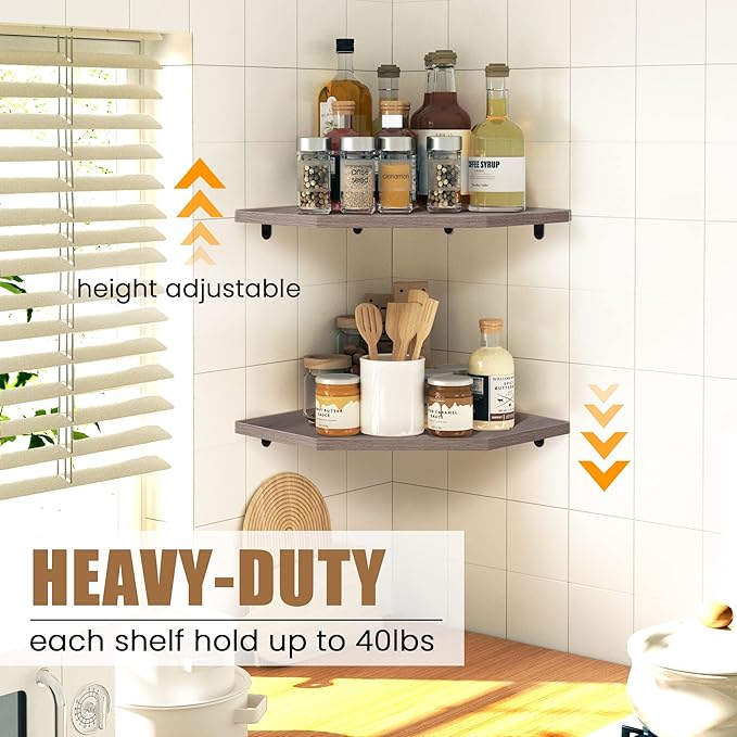 Corner Shelf Wall Mount, Corner Floating Shelves, Set of 4 Corner Wall Shelf Organizer, Rustic Wood Wall Storage Display Shelves for Living Room Bedroom Bathroom Kitchen, Rustic Grey-Ruum Studio Home