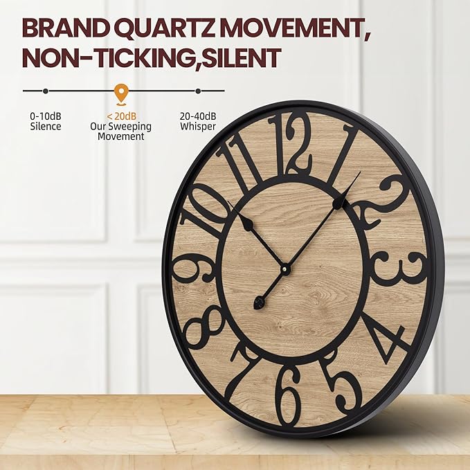 Large Wall Clock for Living Room Decor, Non Ticking Silent, Battery Operated Modern Vintage Wood Oversized Decorative Wall Clock for Bedroom Kitchen Farmhouse Office Decor-Ruum Studio Home