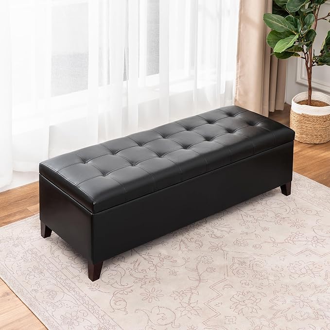 Joveco Storage Ottoman Bench, 51 Inch Leather Tufted Upholstered Bench for End Foot of Bed, Bedroom, Living Room, Black-Ruum Studio Home