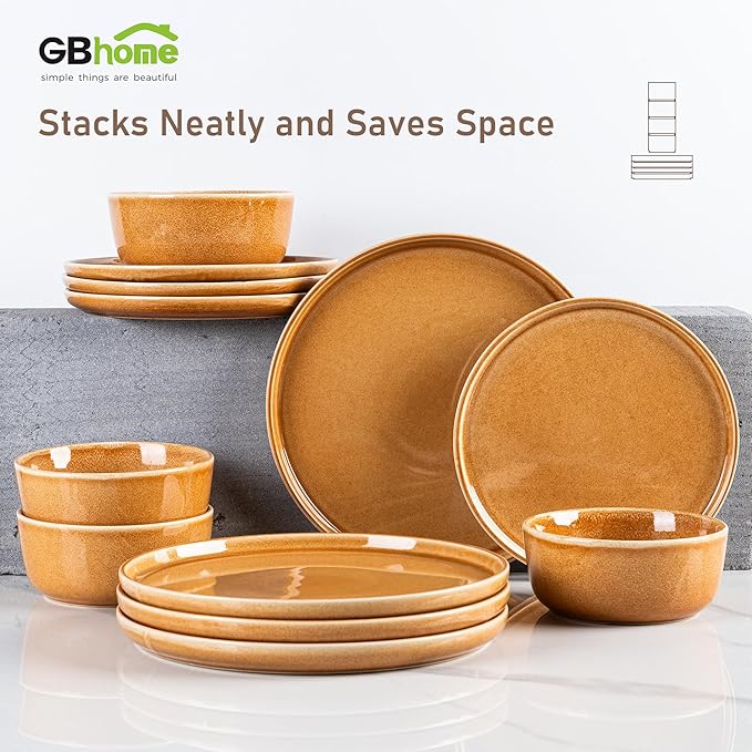 GBHOME Ceramic Dinnerware Sets for 4, 12 Pieces Stoneware Plates and Bowls Sets, Scratch Resistant Dishes, Dishwasher & Microwave Safe, Reactive Glaze-Amber-Ruum Studio Home
