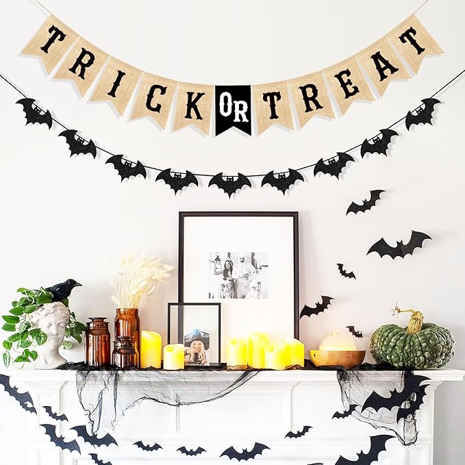 Uniwish Trick or Treat Burlap Banner Halloween Decorations for Mantel Fireplace Glitter Bat Garland Bunting Home Wall Decor Halloween Party Supplies-Ruum Studio Home