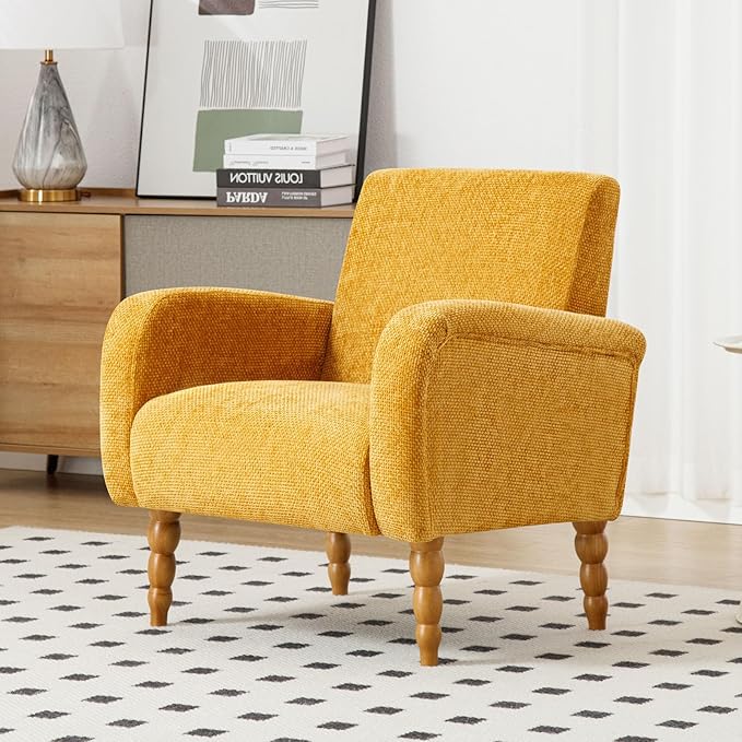 Chenille Fabric Accent Chair, Upholstered Armchair with Solid Wood Legs, Modern Living Room Accent Chair, Comfy Single Sofa Chair Reading Club Chair for Bedroom Reception Lounge, Yellow-Ruum Studio Home