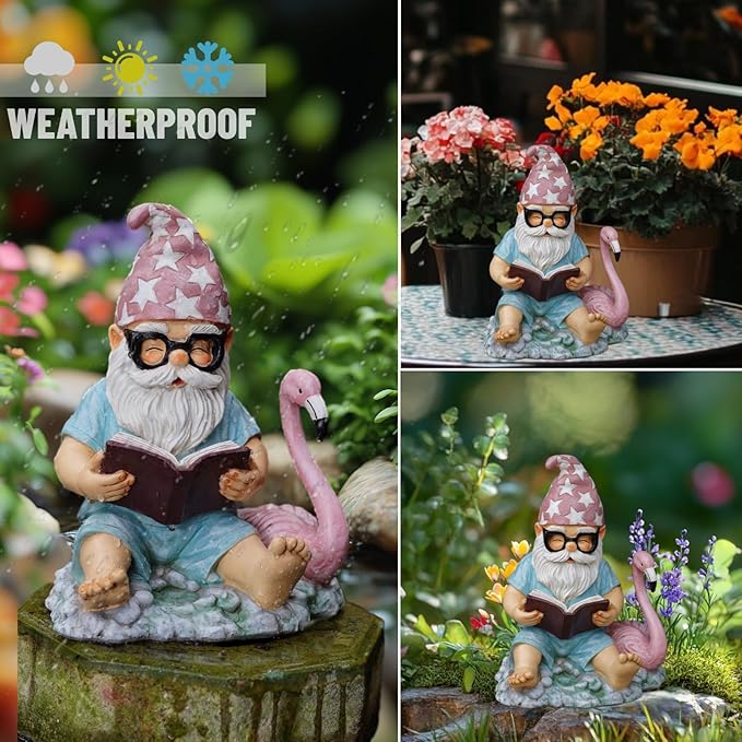 Gnome Statue Garden Decor, Resin Gnome and Flamingo Figurines Outdoor Decorations for Yard Art Porch Lawn Ornaments, Unique Housewarming Gifts-Ruum Studio Home