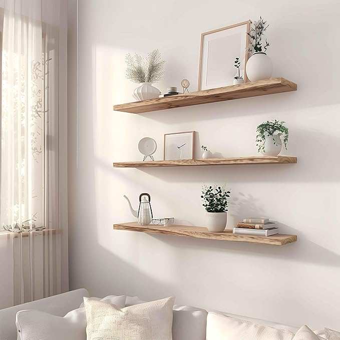 Wood Floating Shelves for Wall, Rustic Wall Shelves for Bedroom, Wall Mounted Floating Shelf, Set of 4 Light Walnut 36 Inch-Ruum Studio Home