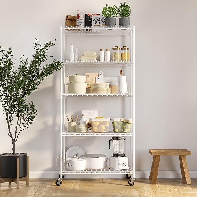 Seville Classics UltraDurable Heavy Duty NSF Solid Steel Wire Rack Storage Unit, Organizer for Garage, Warehouse, Office, Restaurant, Classroom, Kitchen, White, 5-Tier Shelving, 36" W x 14" D-Ruum Studio Home