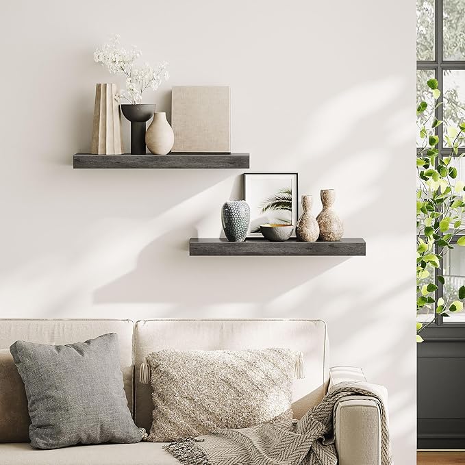 HOOBRO Floating Shelves for Wall, Wall Mounted Shelf Set of 2, 23.6" Hanging Shelf with Invisible Brackets, for Wall in Bathroom, Bedroom, Toilet, Kitchen, Living Room, Office, Charcoal Gray BC60BJ01-Ruum Studio Home