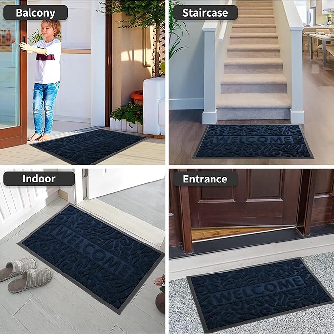 Yimobra Welcome Door Mat Outdoor Indoor, Non Slip Front Doormats, Heavy Duty Rubber Backing, Low-Profile Entrance Mat, Absorbent Resist Dirt, Easy Clean Patio Garage Floor Mats, 29.5 x 17, Blue-Ruum Studio Home