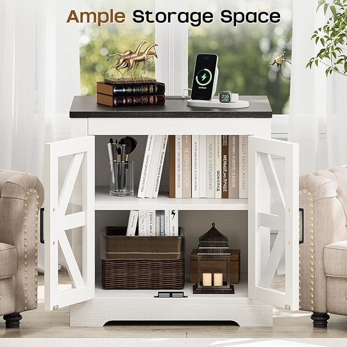 Farmhouse Side Table with Storage Cabinet, End Table with Adjustable Shelf, Large Night Stand, Wood Nightstand with Charging Station, 24" End Tables Living Room, Rustic Bed Side Tables Bedroom-Ruum Studio Home